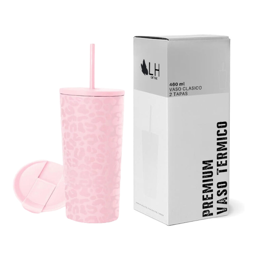 Vaso Térmico 450ml + 2 Tapas Rosado Leop