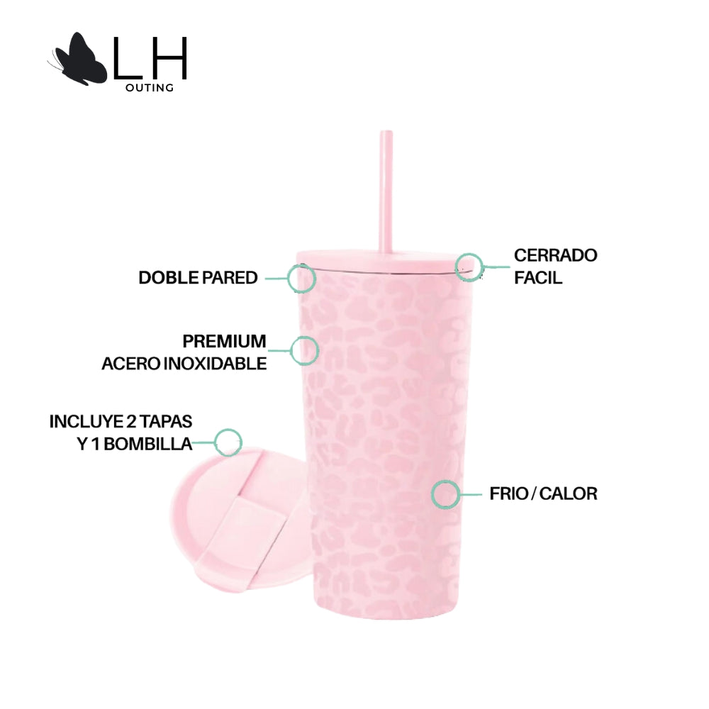 Vaso Térmico 450ml + 2 Tapas Rosado Leop