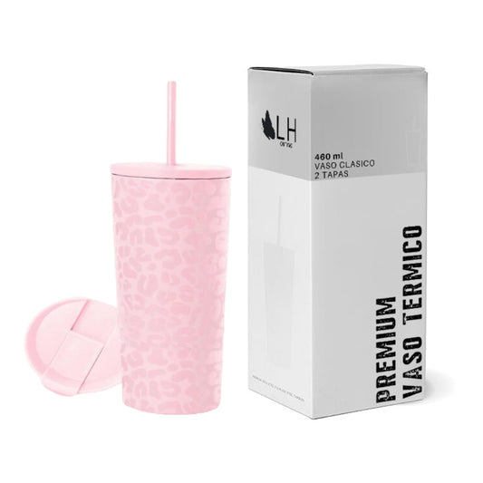 Vaso Térmico 450ml + 2 Tapas Rosado Leop